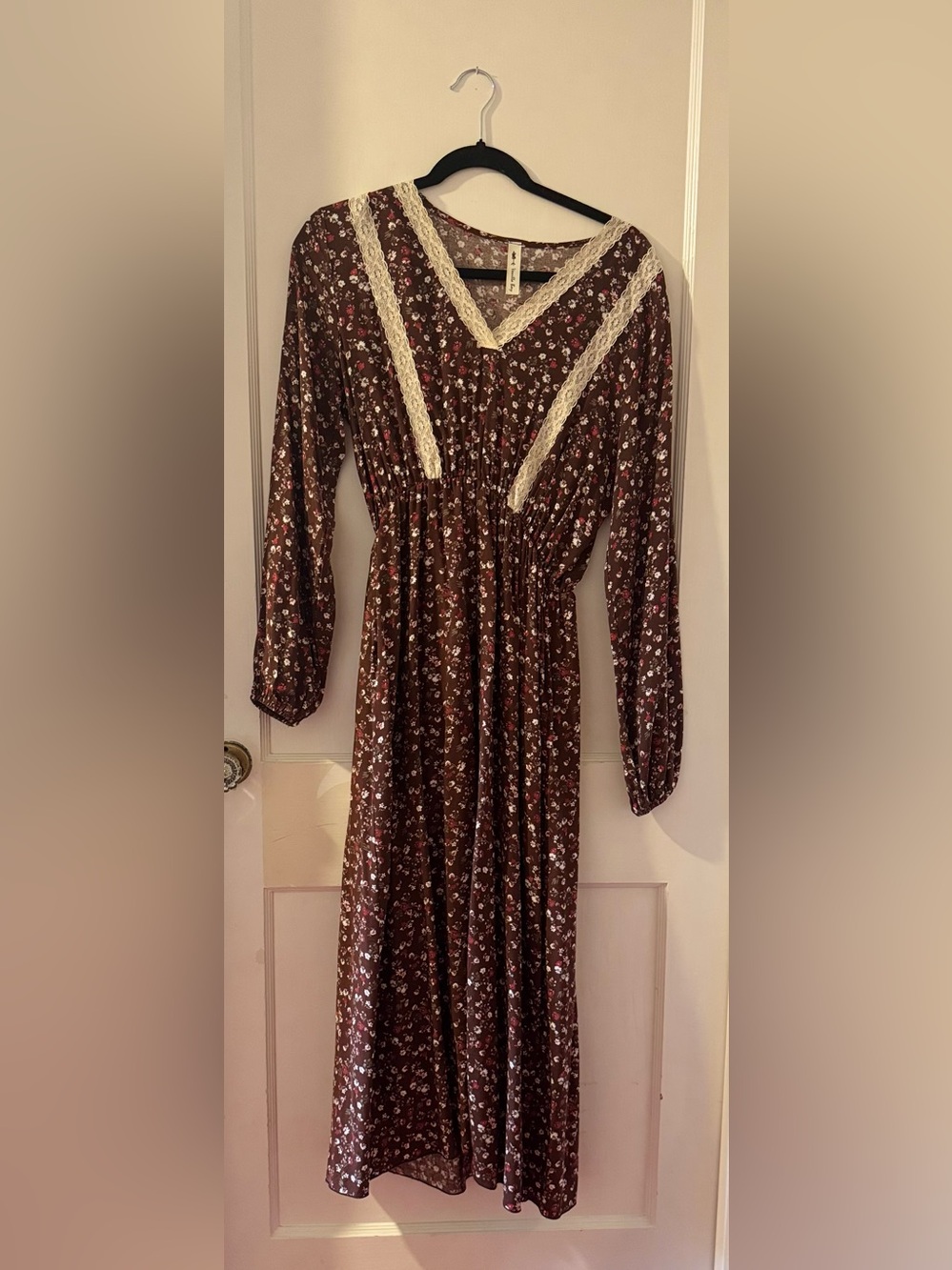 Vanilla Bay Brown Floral Maxi Dress with Cream Lace Trim